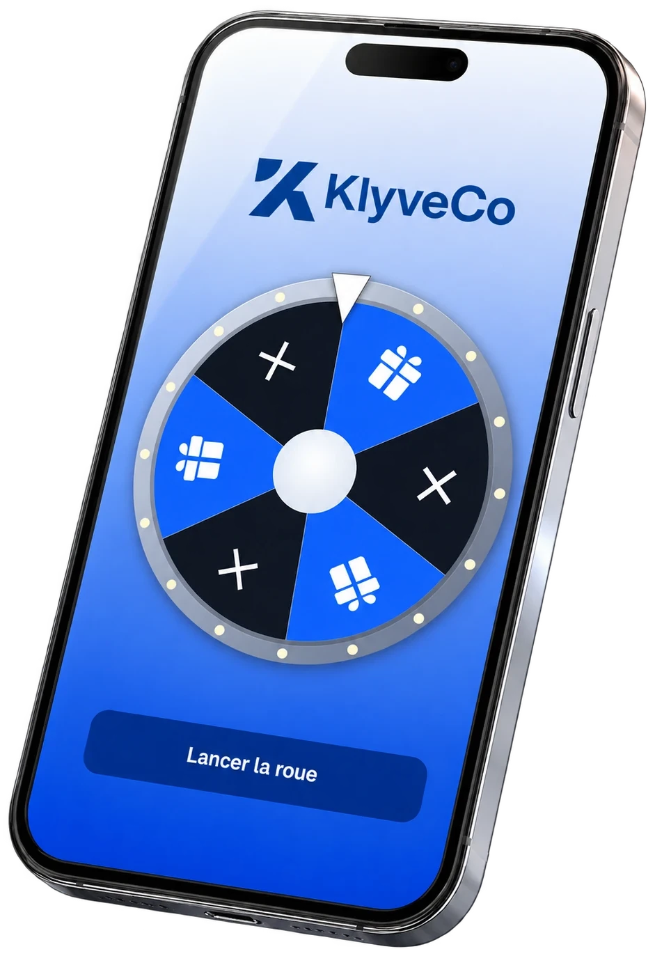Jeu de la roue KlyveCo affiché sur le téléphone d'un client