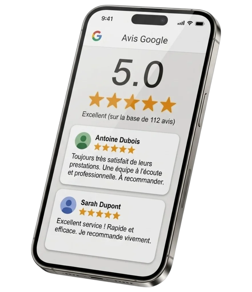 Écran des avis Google du commerce : note moyenne 5.0 sur 112 avis, témoignages clients récents